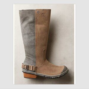 Sorel Slimboot Waterproof Suede Leather Boots Size 7 Brown Gray Tall All Weather